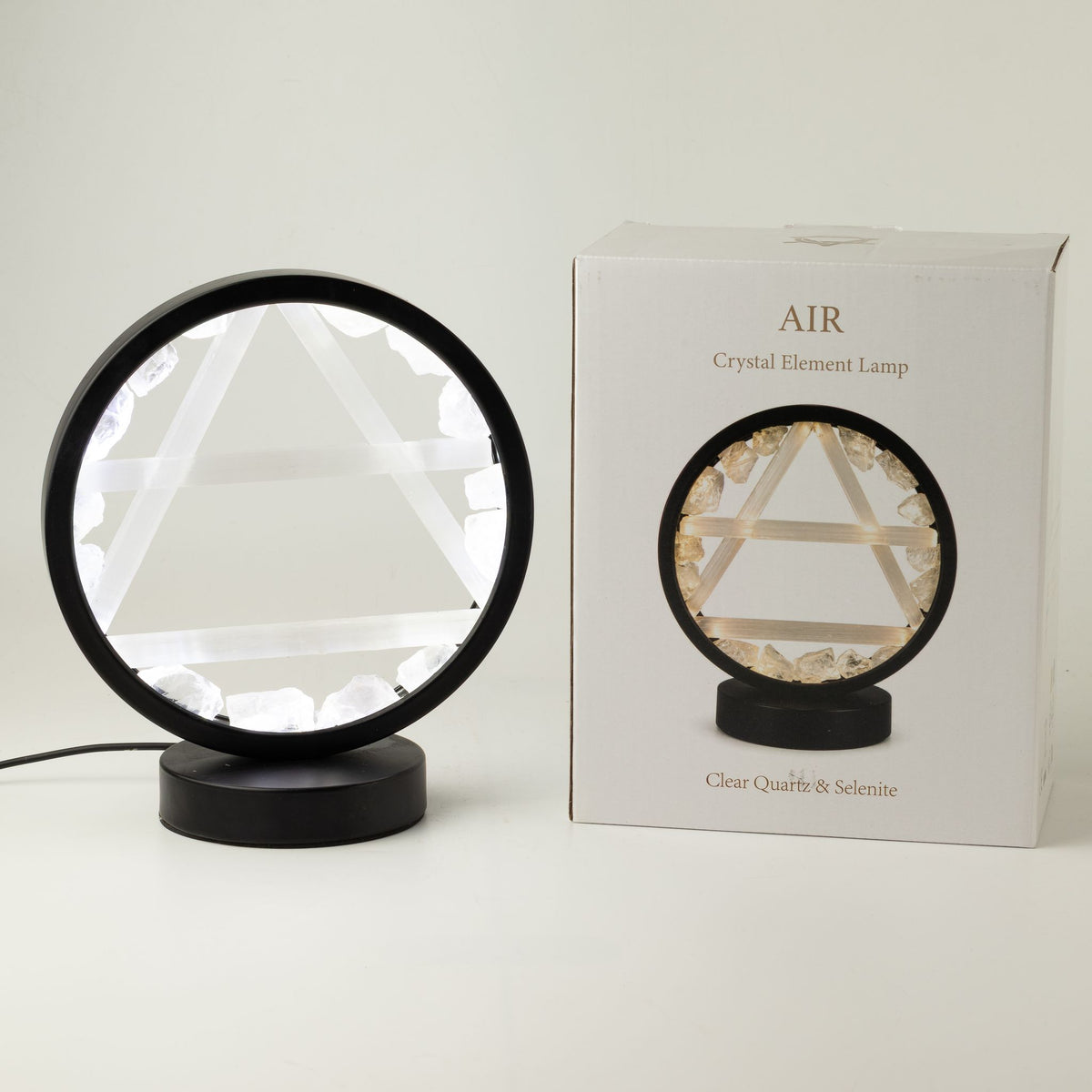 Lámpara con halo de gemas Aire – Cuarzo transparente y selenita