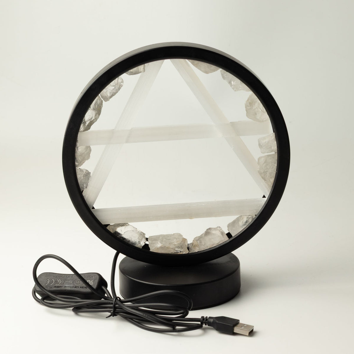 Lámpara con halo de gemas Aire – Cuarzo transparente y selenita