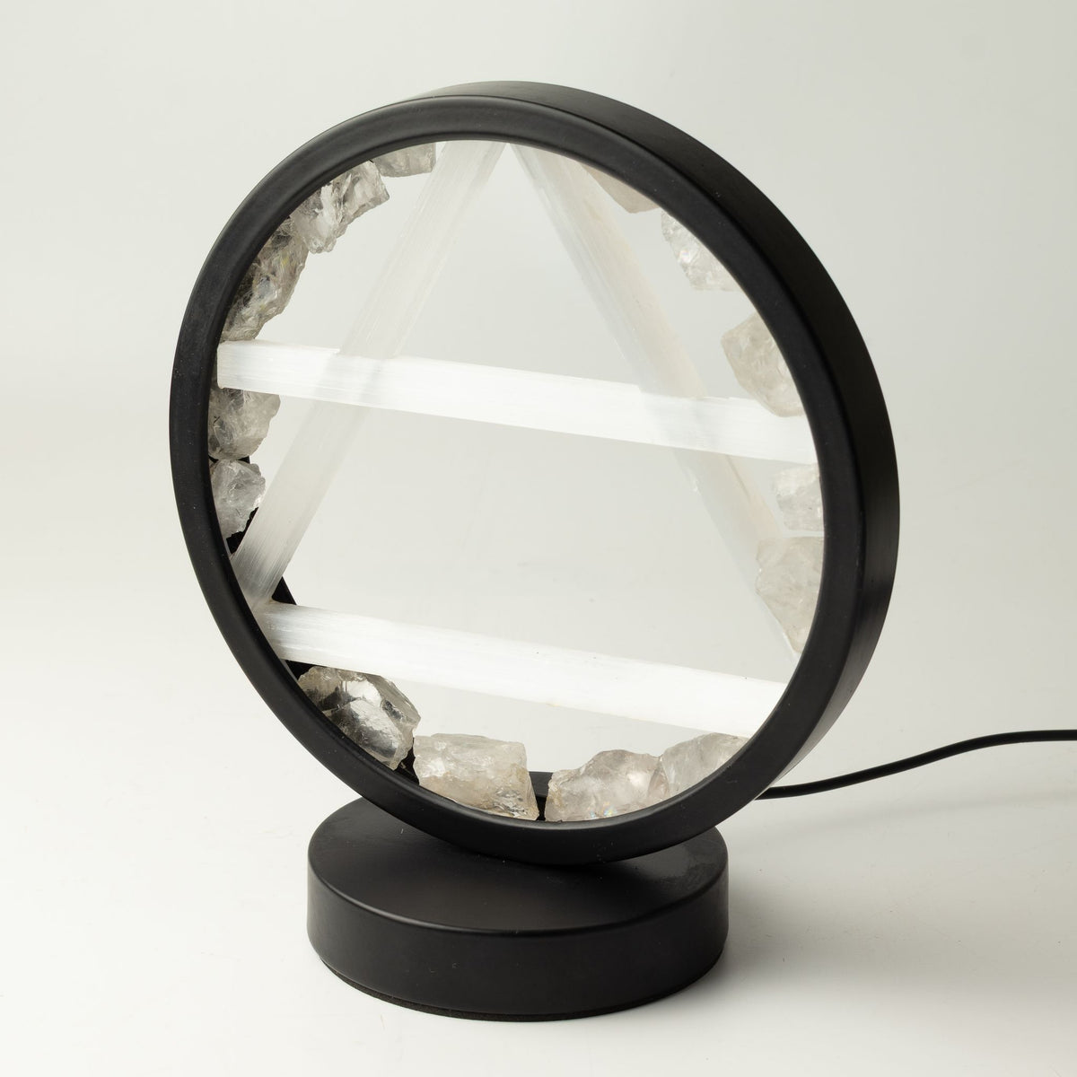 Lámpara con halo de gemas Aire – Cuarzo transparente y selenita