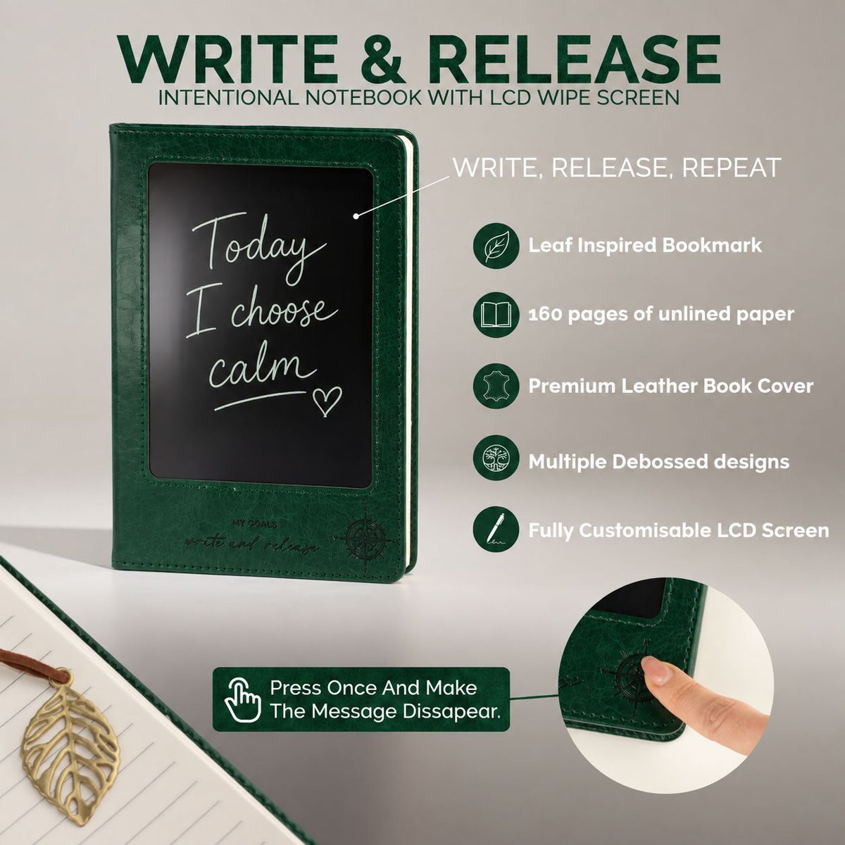 Cuaderno de Intención A5 - Pantalla LCD de limpieza - Efecto cuero verde - 80 hojas