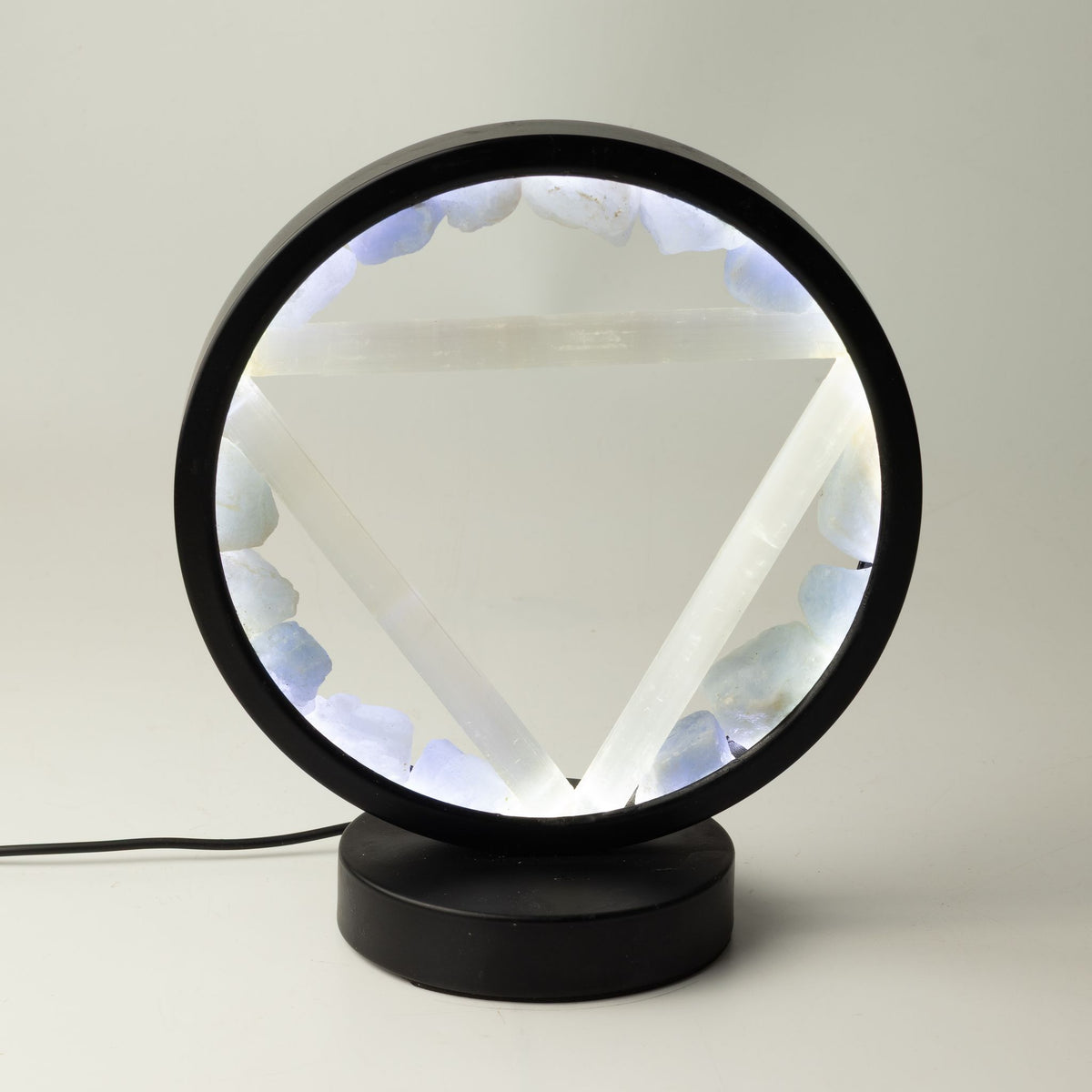 Lámpara con halo de gemas Agua – Aguamarina y selenita