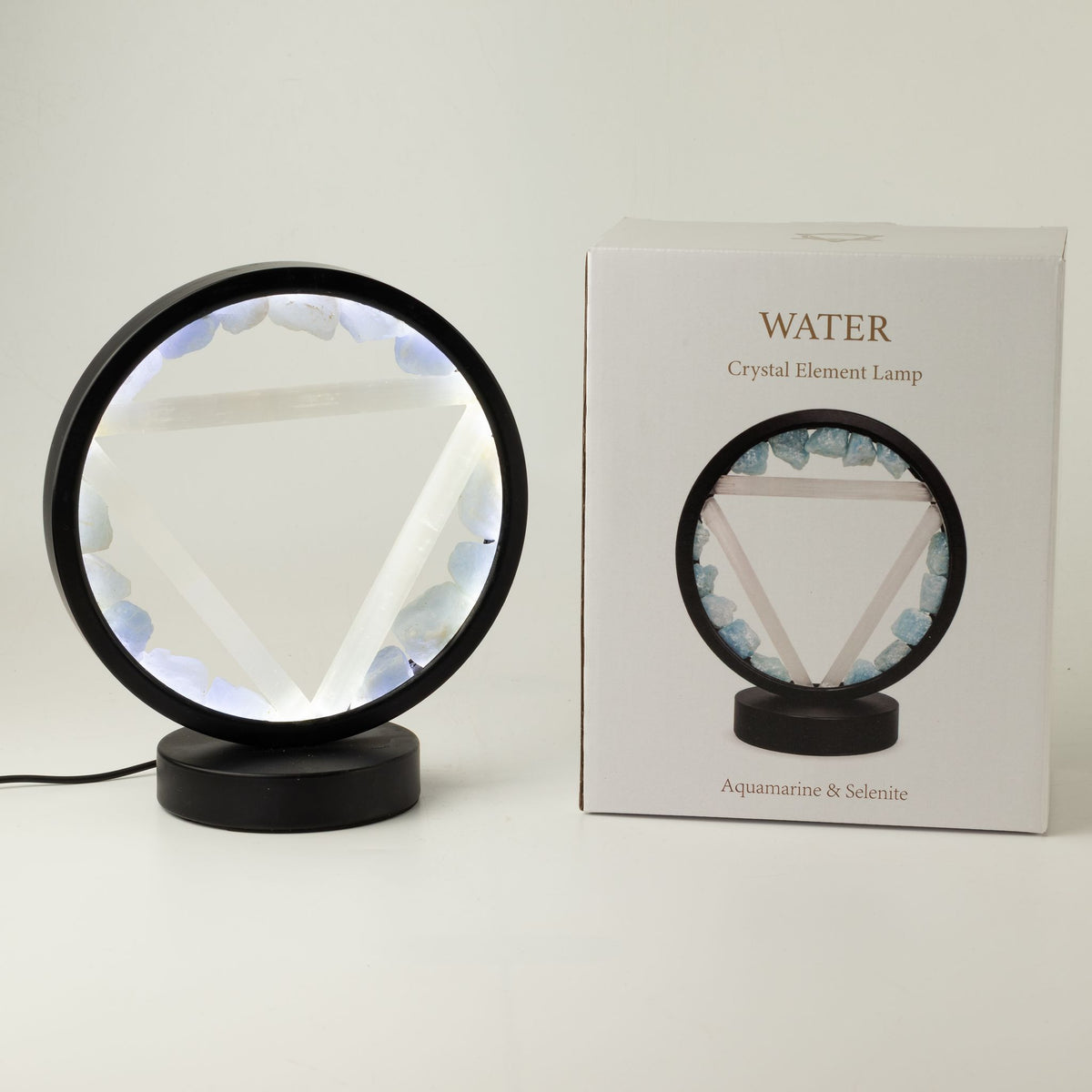 Lámpara con halo de gemas Agua – Aguamarina y selenita