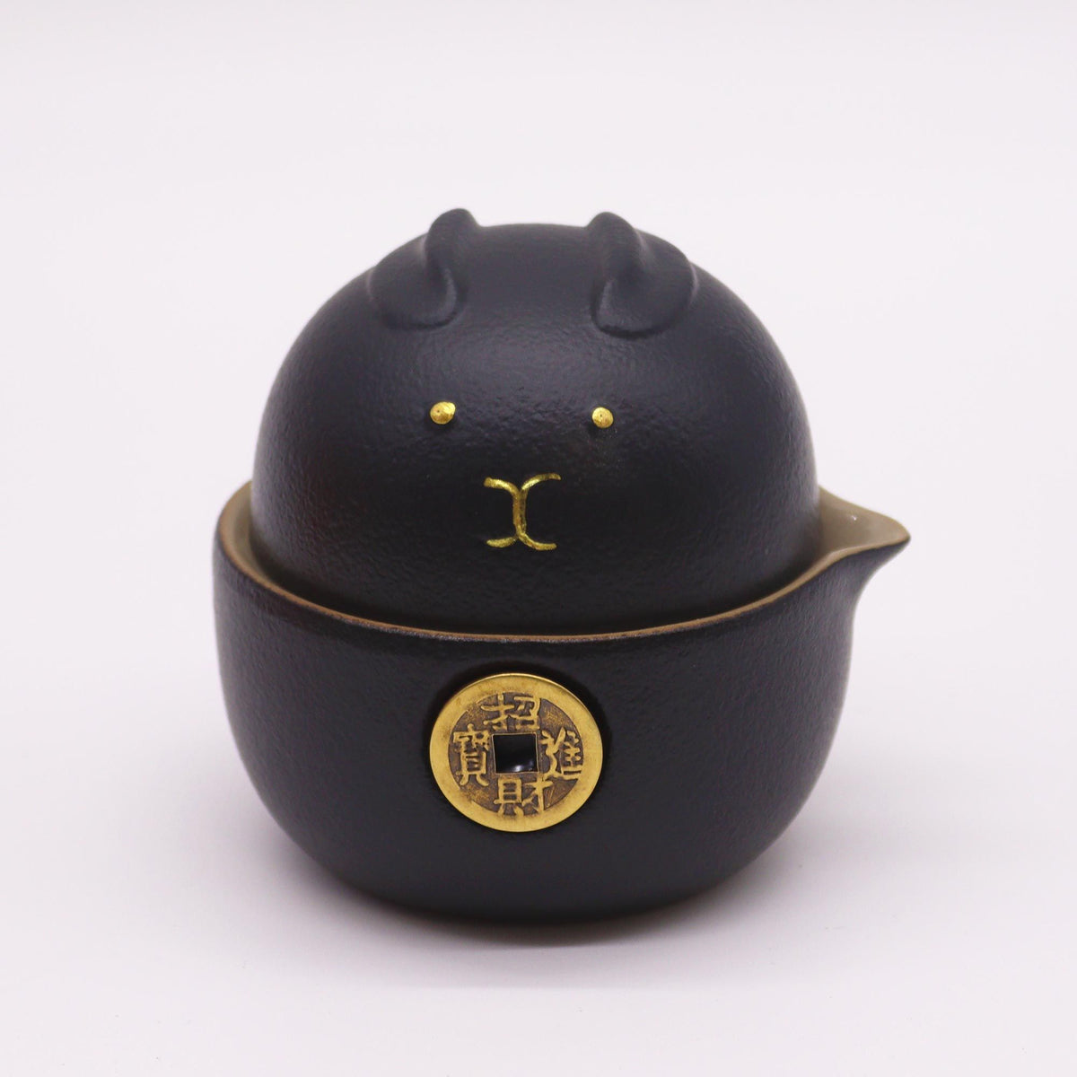 Juego de Tetera Gato de la Suerte - Dos Tazas - Pack de Viaje - Negro