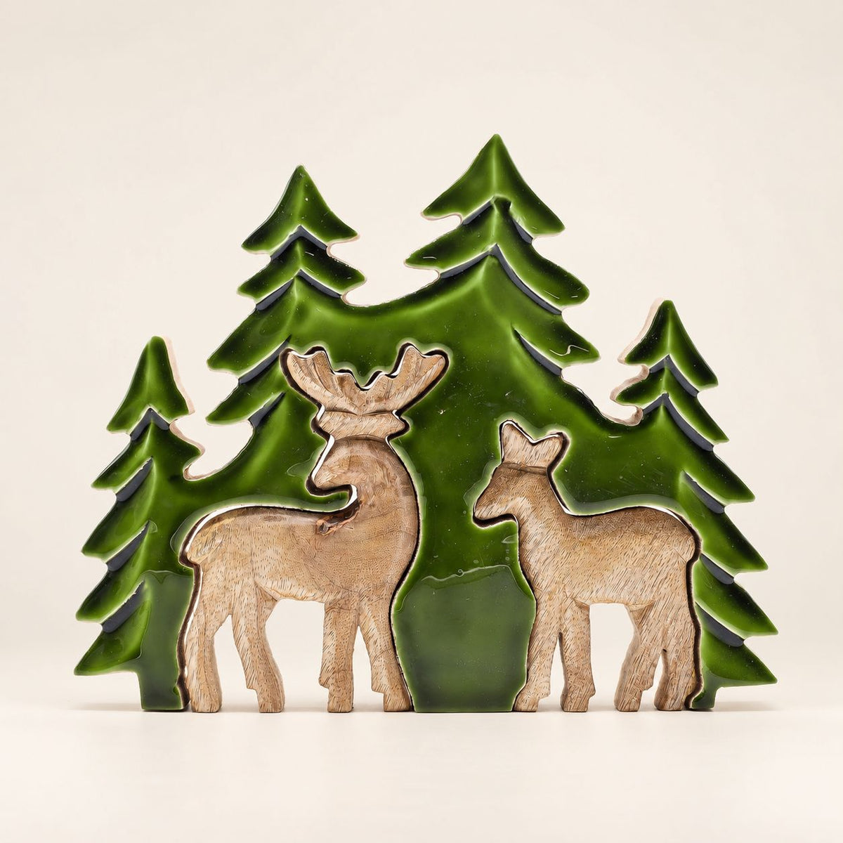 Perdido en el bosque - Dos ciervos en el bosque  Decoración de madera 3D - 18x23cm