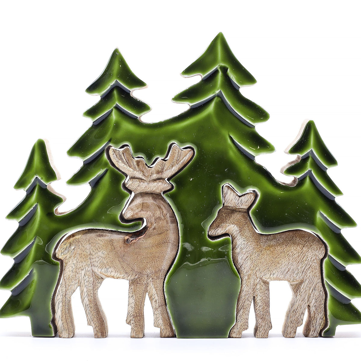 Perdido en el bosque - Dos ciervos en el bosque  Decoración de madera 3D - 18x23cm