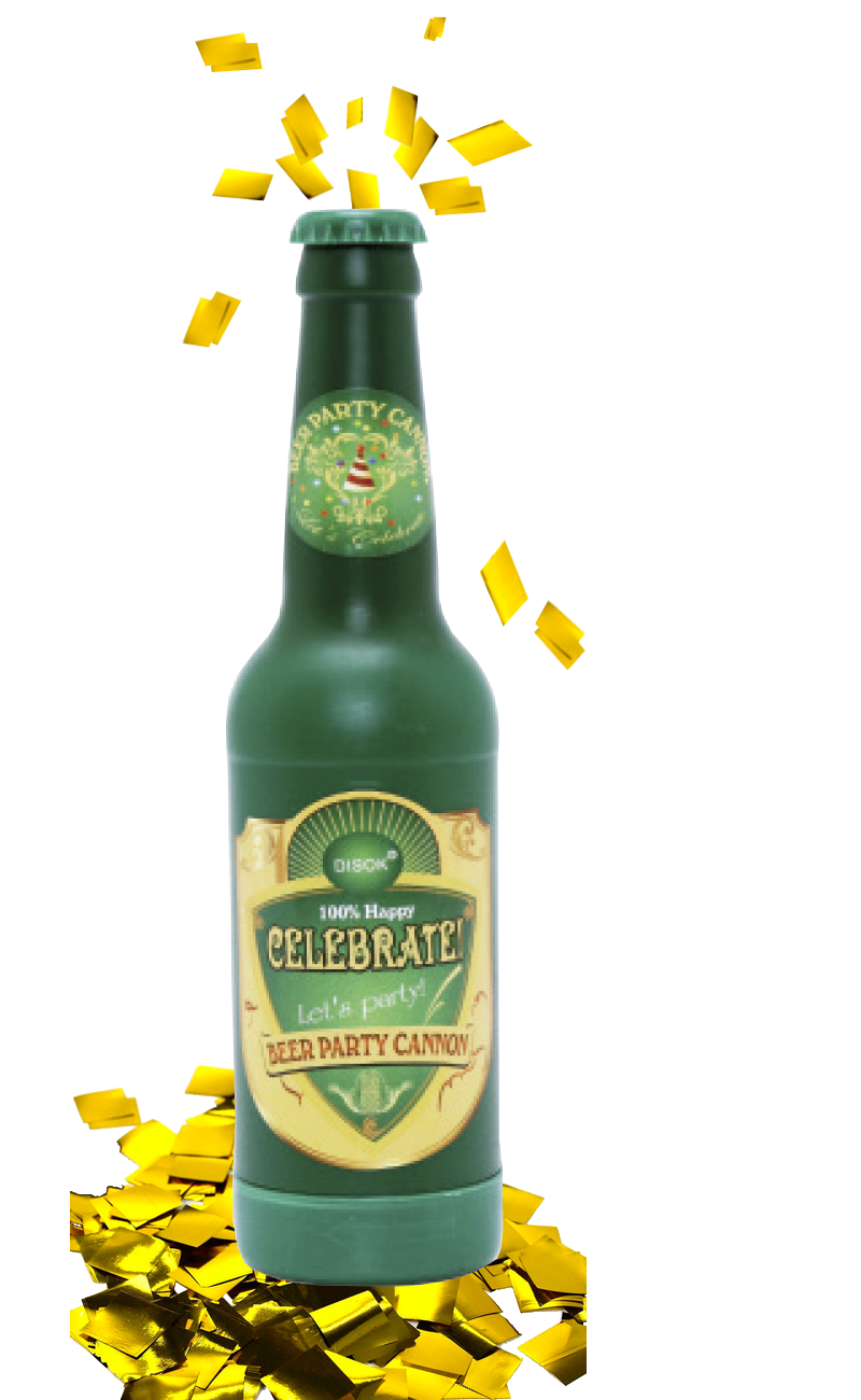 Cañón confetis dorado en forma botella cerveza