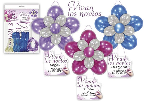 Deco kit globos + cartel "Vivan los novios"