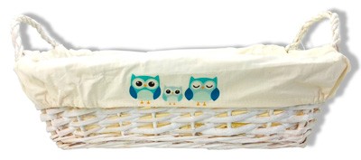 Cesta rectangular mimbre blanca búho azul